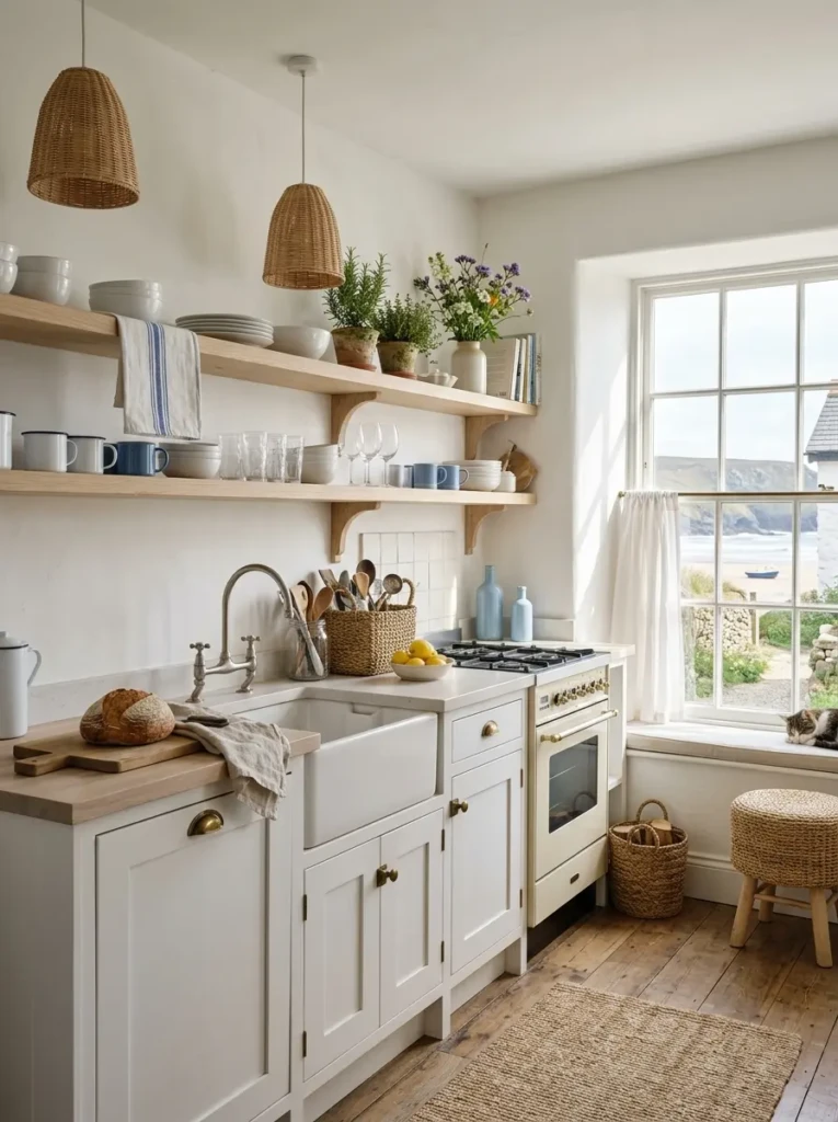 A bright small coastal farmhouse kitchen with white cabinets, blue accents, and woven baskets.