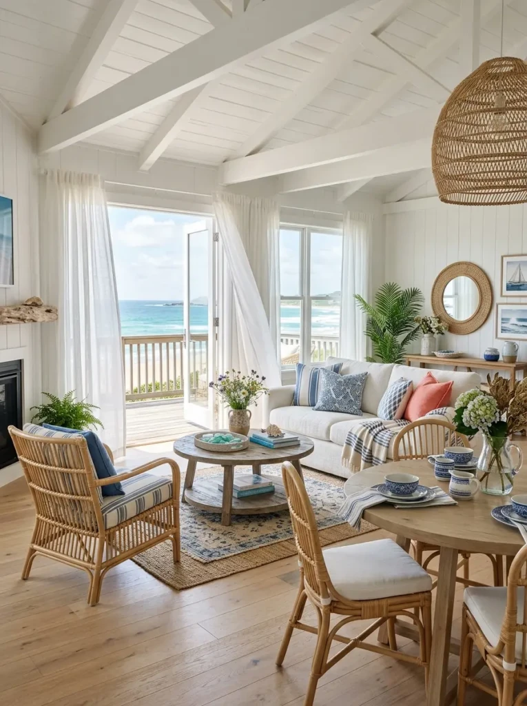 Light and airy room with blue and white accents, rattan textures, and soft curtains reflecting a refined coastal vibe