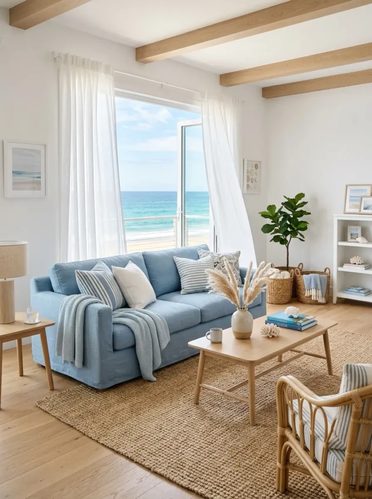 Bright coastal living room with a blue couch, white walls, sheer curtains, light wood furniture, and woven textures creating a calm, airy feel