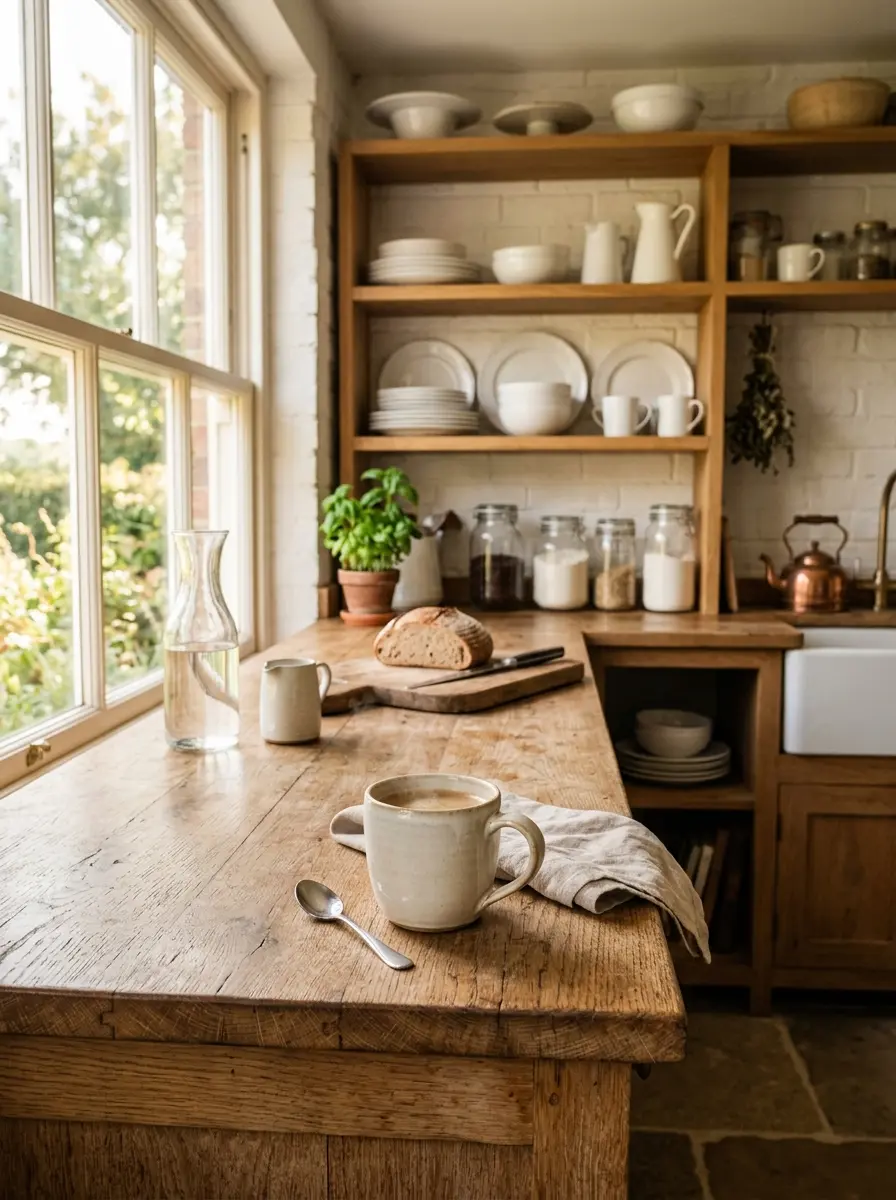 Rustic counter with coffee cup inside a bright small farmhouse kitchen with warm sunlight.