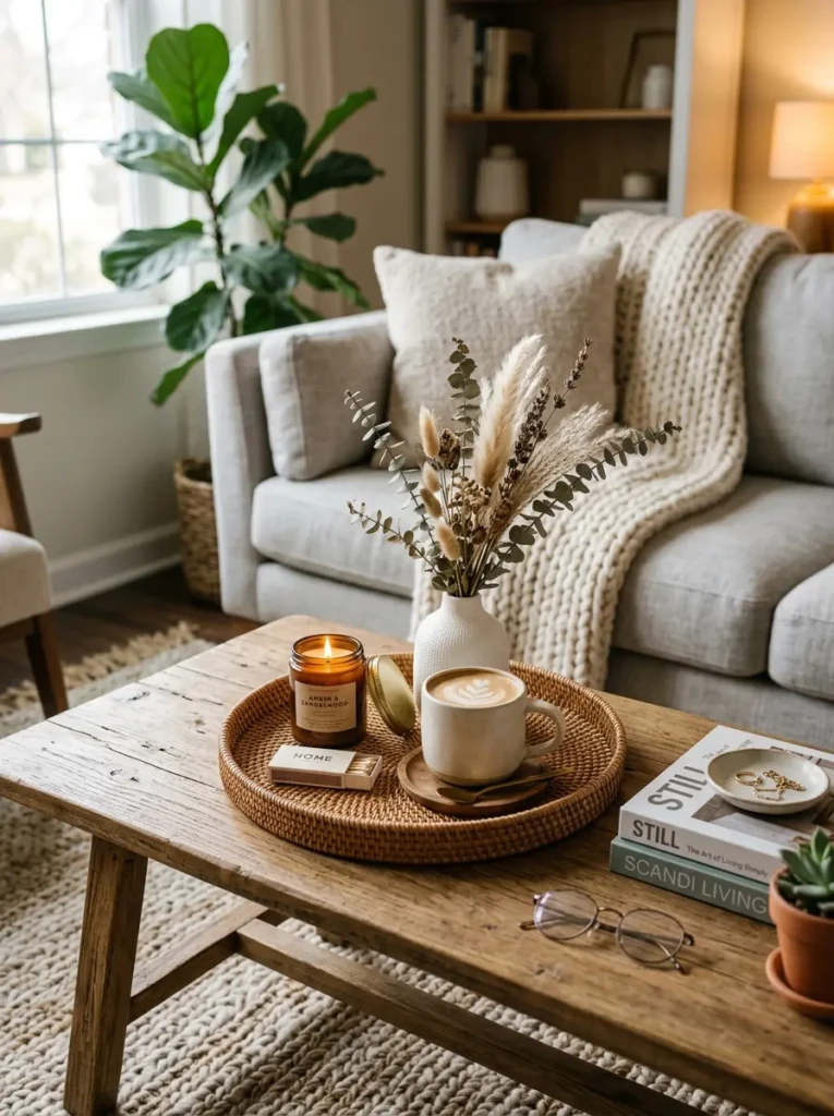 A modern coffee table arrangement with a tray, decor accents, and balanced styling.