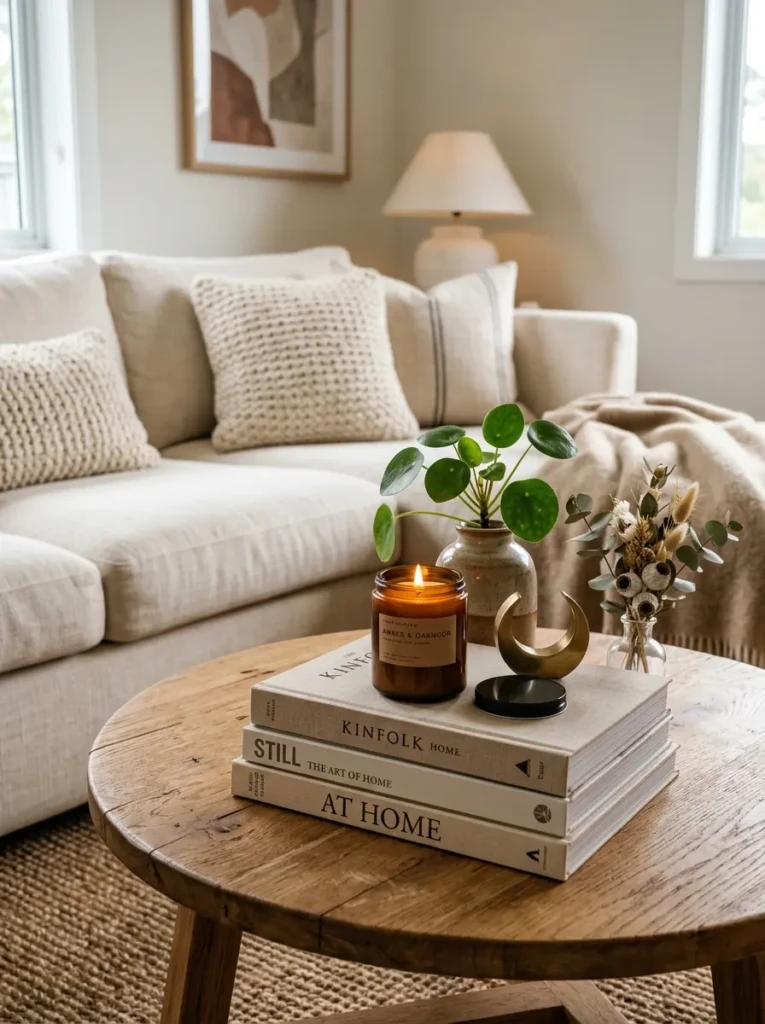 A modern coffee table decorated with stacked books, a candle, and a small plant adding personality to a cozy lounge room