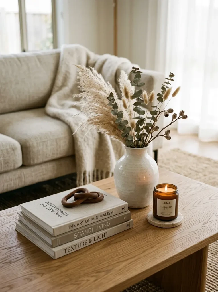 Close-up of styled coffee table with neutral tones and simple Thanksgiving decorations