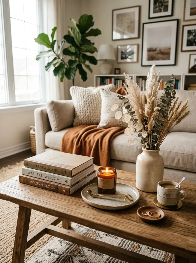 A styled coffee table with books, candle, ceramic tray, and dried stems in a cozy living room.
