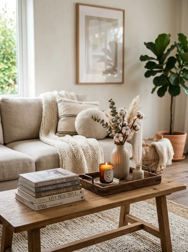 Coffee table styled with tray, candle, ceramic vase, and stacked books in a cozy living room.