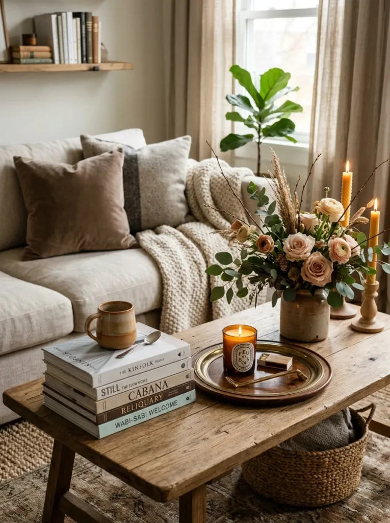 Coffee table decorated with stacked books, candles, flowers, and tray arranged in a balanced and cozy layout