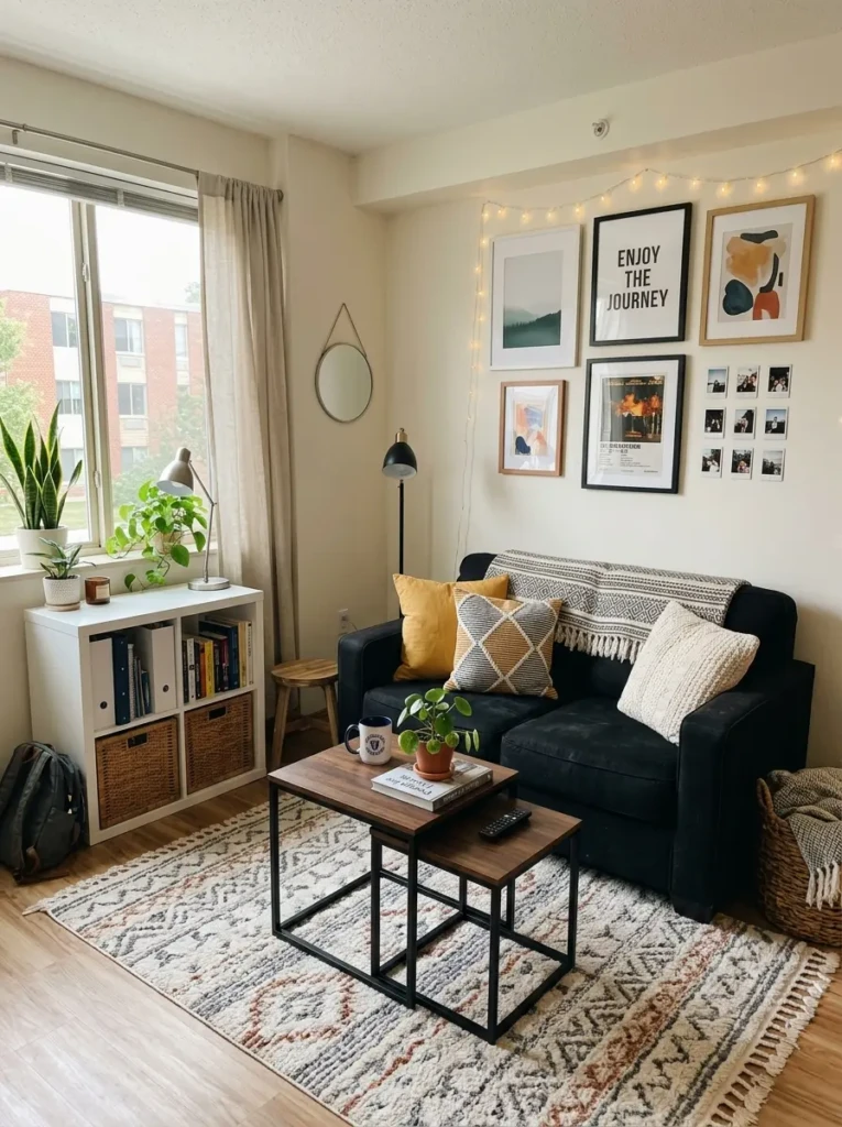 Compact student apartment living room with black sofa, nesting tables, and cozy decor.