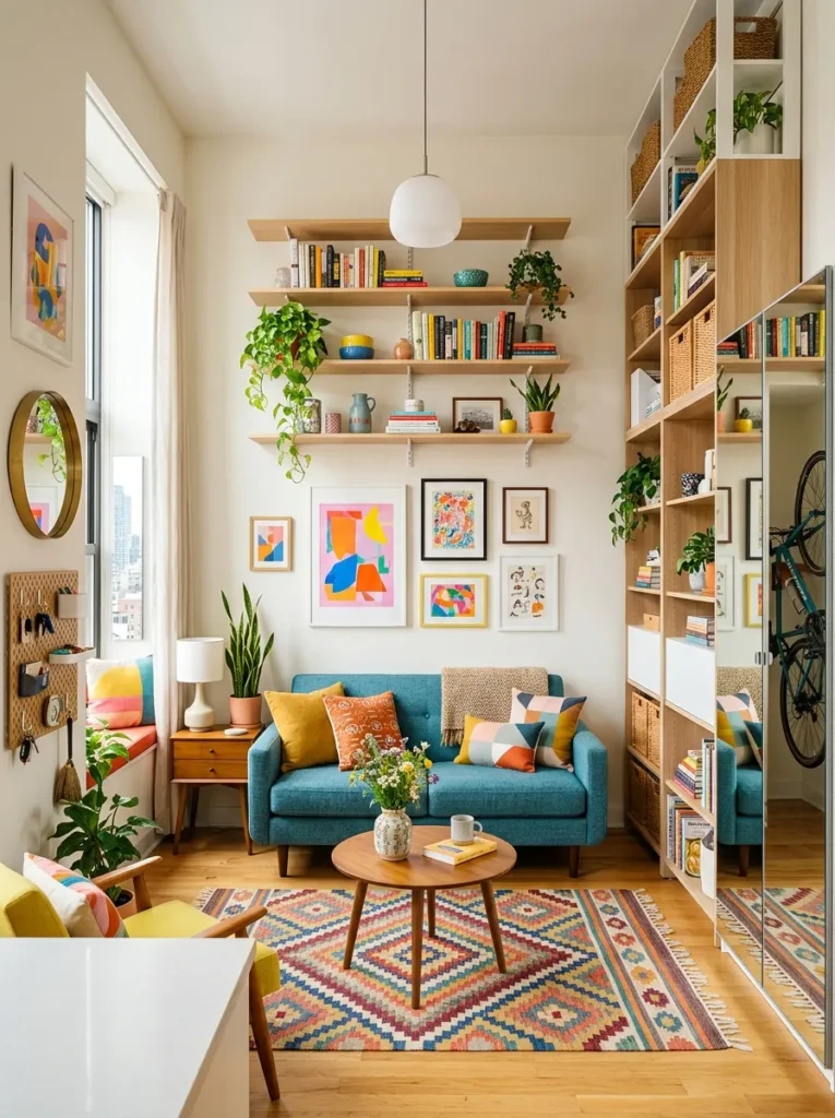 A compact apartment living room with bright wall art, floating shelves, slim furniture, and colorful modern decor.