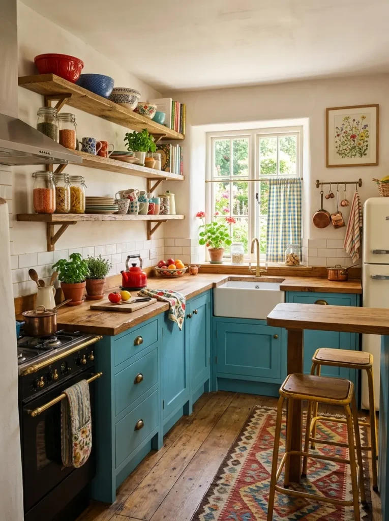 Colorful kitchen ideas with teal cabinets, mustard stools, rustic wood shelves, and bright decor.