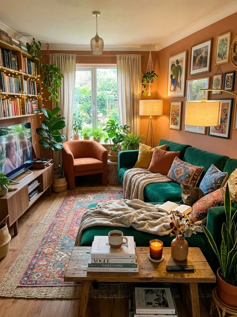 Magazine-style colorful cozy living room with vibrant accents, soft lighting, plants, layered textures, and artistic decor.