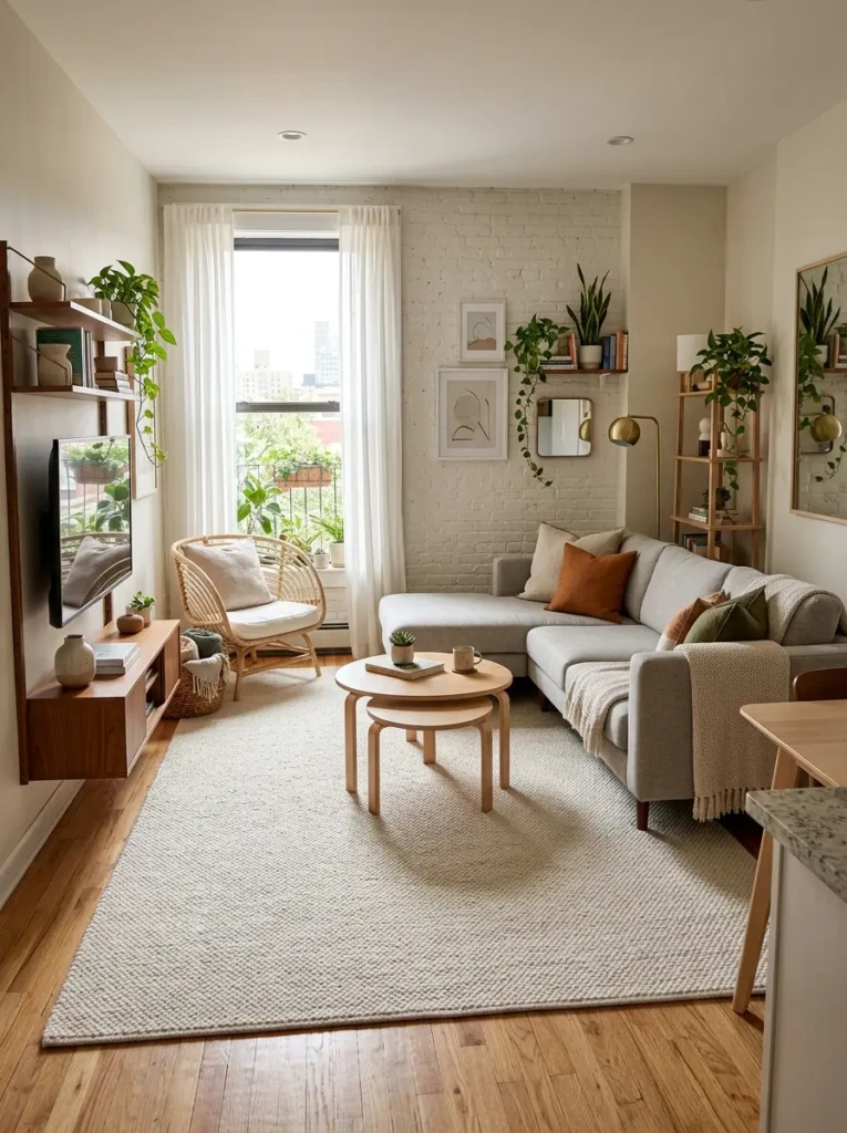 Small apartment living room with a light rug that visually expands the floor space.