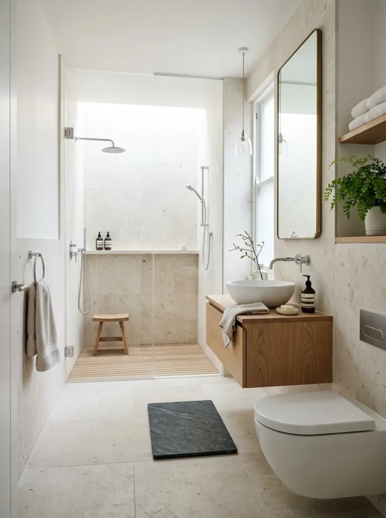 Compact bathroom featuring a glass shower, floating sink, pale stone walls, and soft natural light.