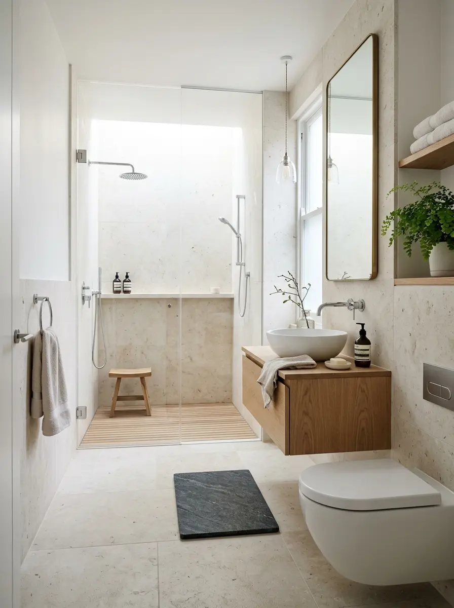 Compact bathroom featuring a glass shower, floating sink, pale stone walls, and soft natural light.
