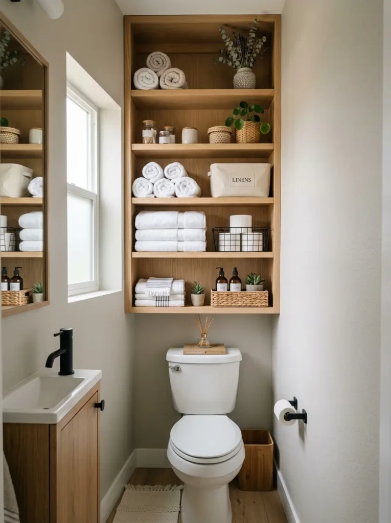 Small bathroom with tall shelves above the toilet neatly organizing towels and baskets to save space