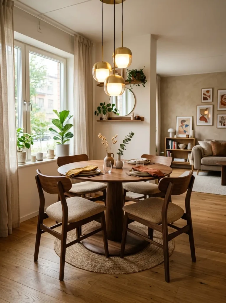 A compact dining area featuring a round wooden table with curved chairs and a warm, inviting layout.