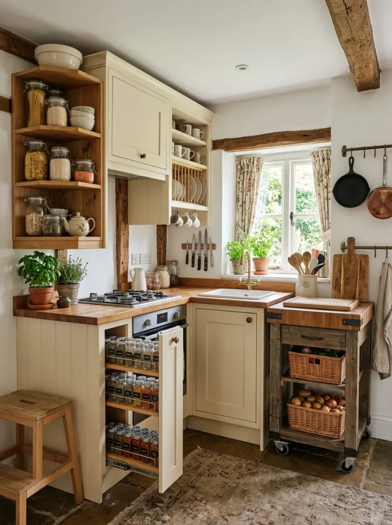 Farmhouse kitchen with slim pull-out racks, corner shelves, and efficient storage solutions.