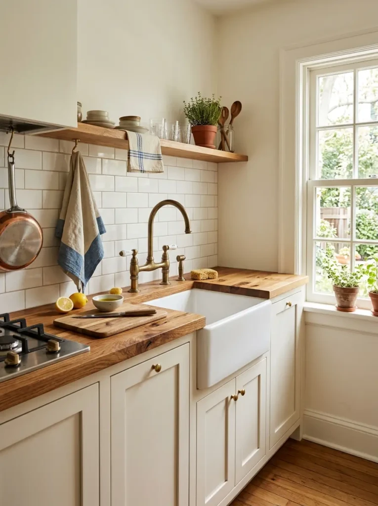 A narrow white apron-front sink with brass faucet in a compact farmhouse kitchen.