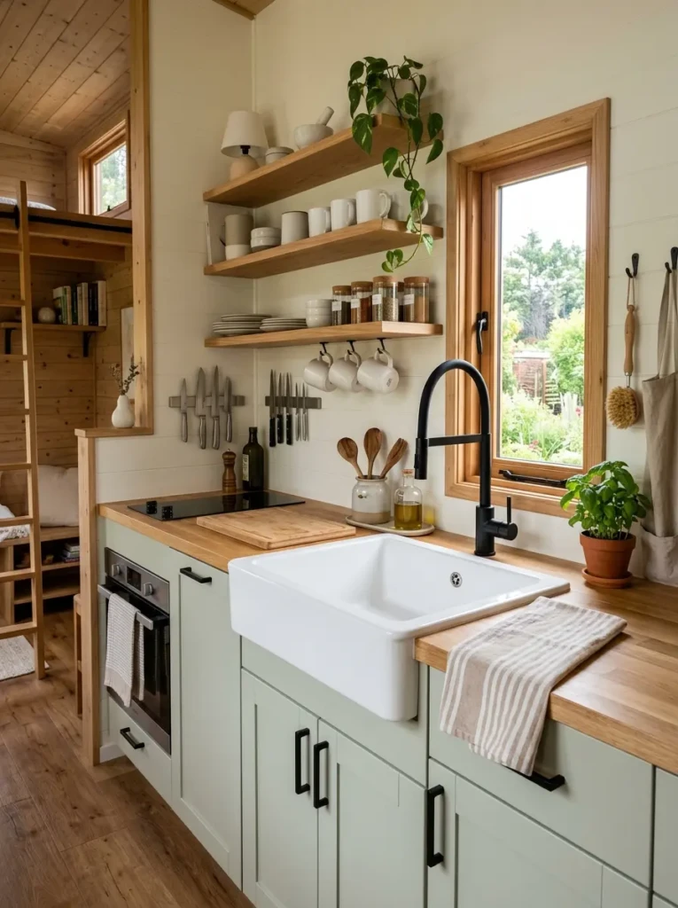 Small farmhouse kitchen layout featuring a practical single-basin apron sink and airy open shelving.