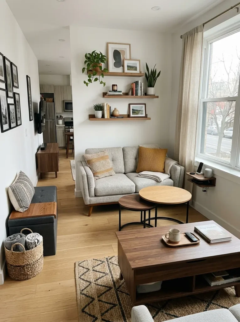 A compact living room with slim loveseat, nesting tables, floating shelves, and multifunctional furniture.