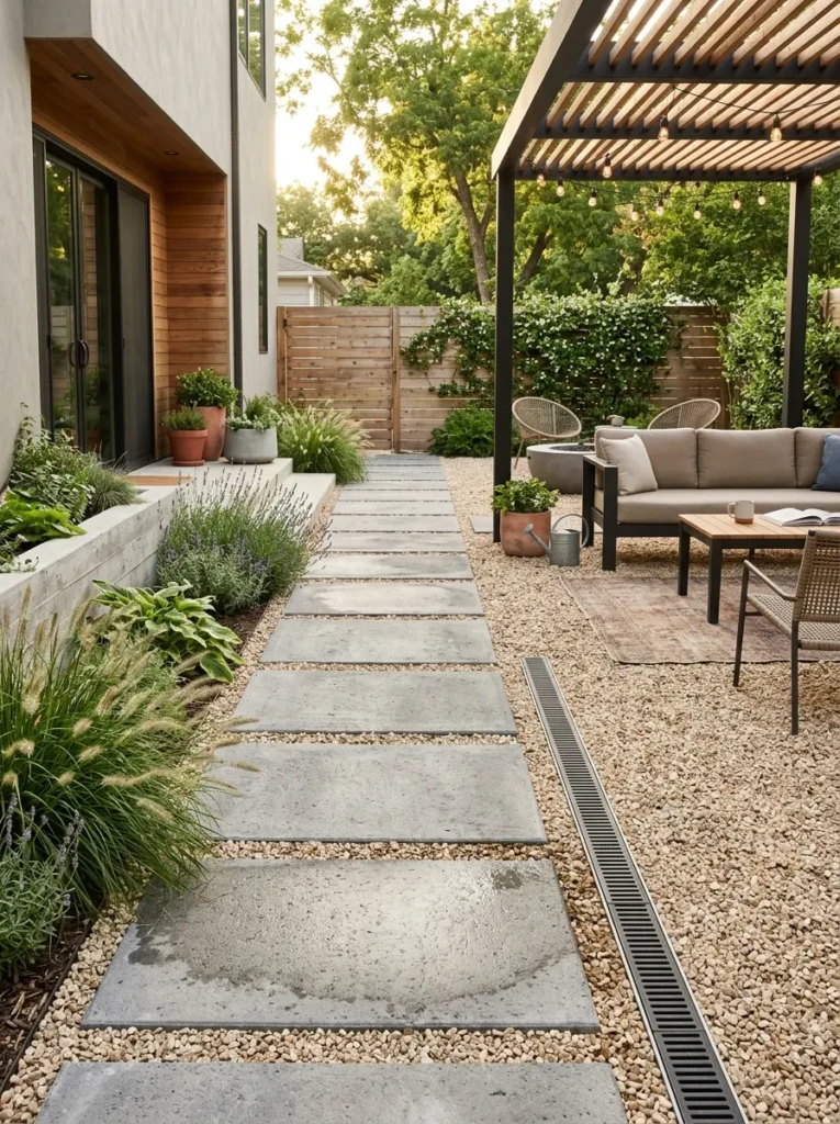 Concrete pavers surrounded by light gravel for a practical and modern patio setup