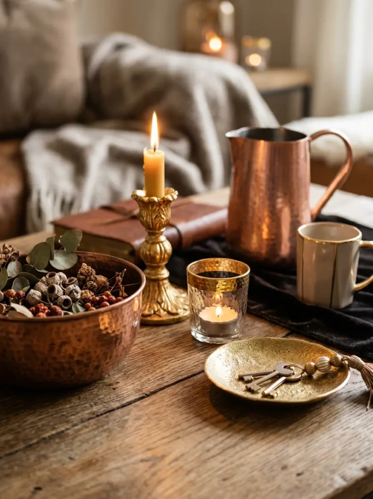 Copper and gold decorative pieces glowing softly on a cozy fall mantle