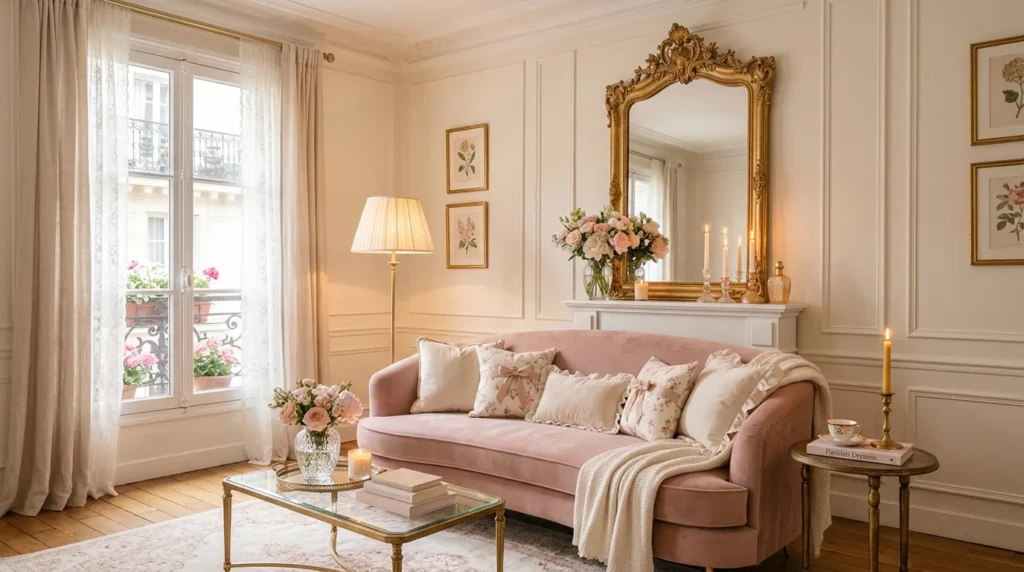 Coquette living room with blush tones, curved velvet sofa, gold mirror, candlelight, and feminine elegant details.