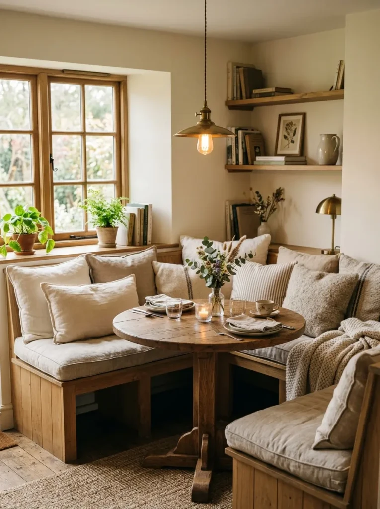 A small dining corner with built-in bench seating, soft cushions, and a wooden table creating a cozy café-style nook.