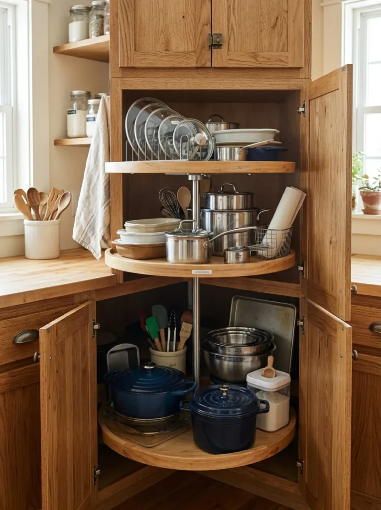 Open corner farmhouse cabinet with lazy Susan shelves holding pots, lids, and baking tools.