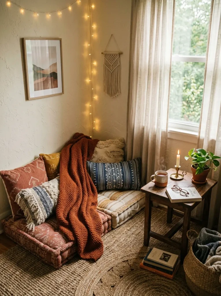 A small cozy corner setup with floor cushions, a side table, and soft textures for relaxation.