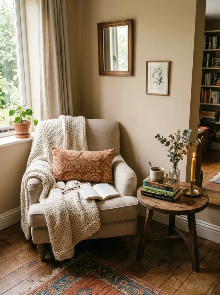 Small cozy space styled with throw, books, and side table