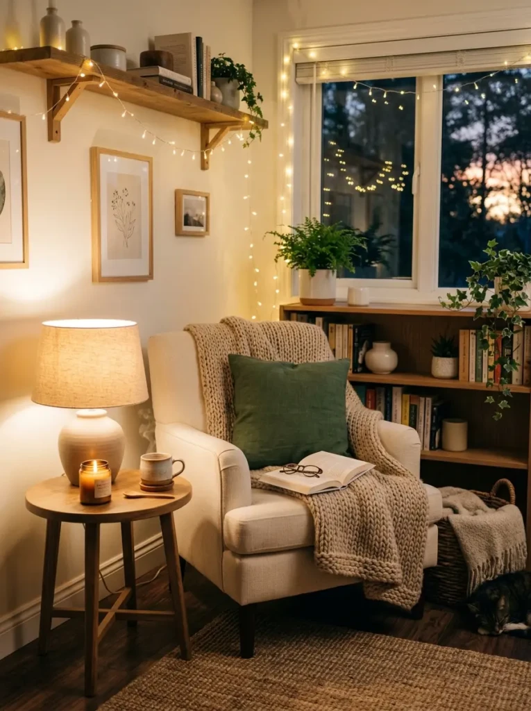A cozy corner with string lights and lamps creating a peaceful evening vibe.