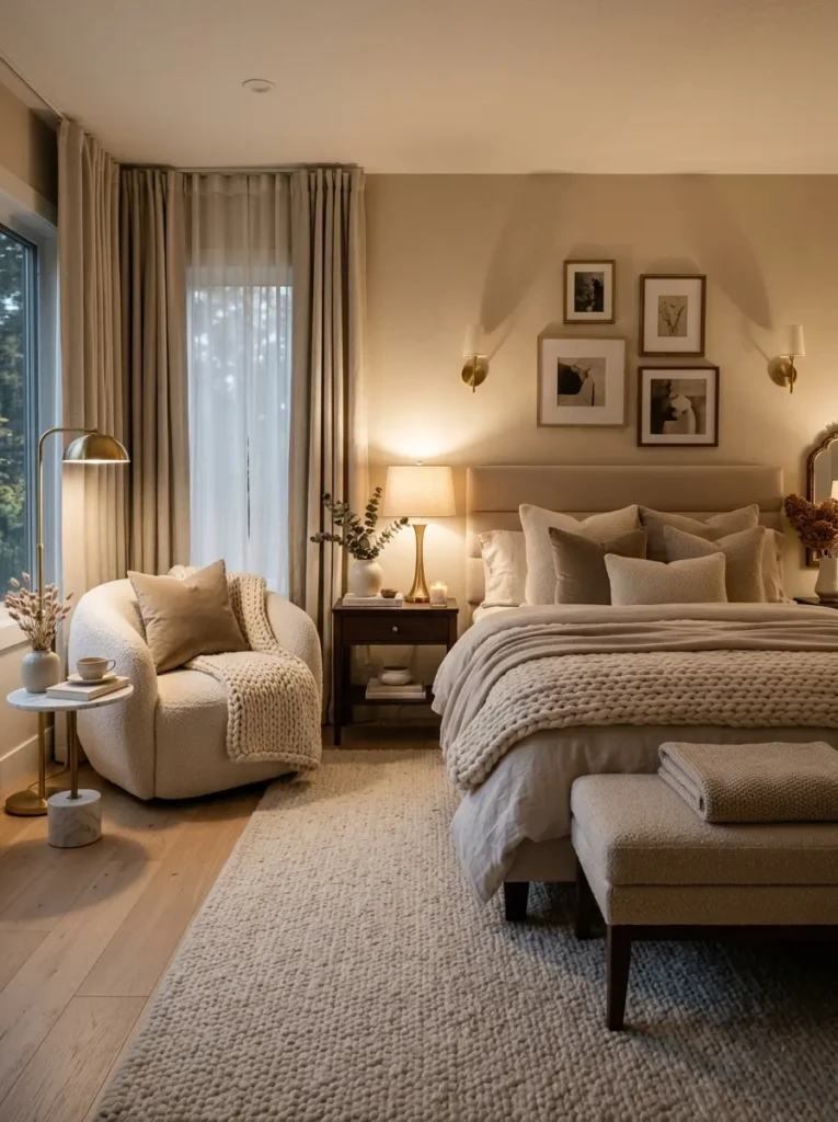 A warm and cosy luxury bedroom with knit blankets, plush rug, boucle chair, reading nook, and soft beige decor.