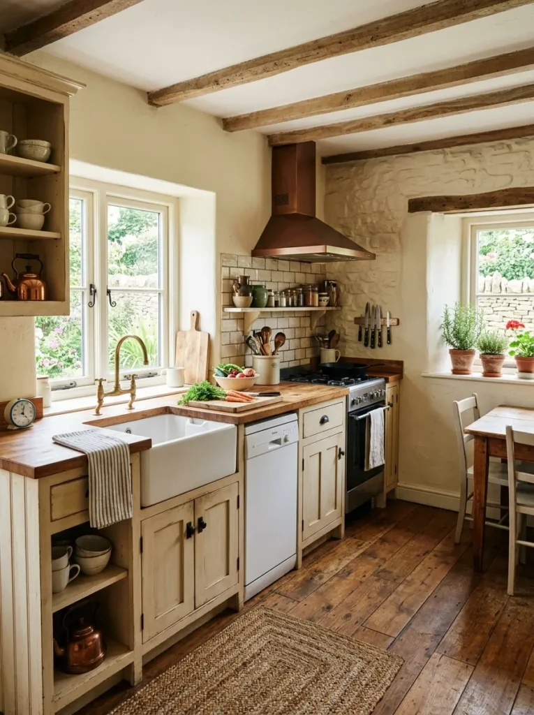 An L-shaped small cottage farmhouse kitchen with efficient cooking, prep, and storage zones.