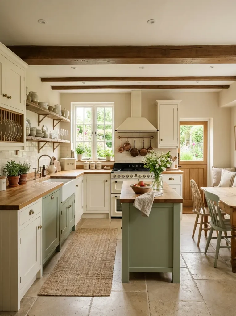 A cottage farmhouse kitchen in cream, sage green, and beige tones with wooden accents.