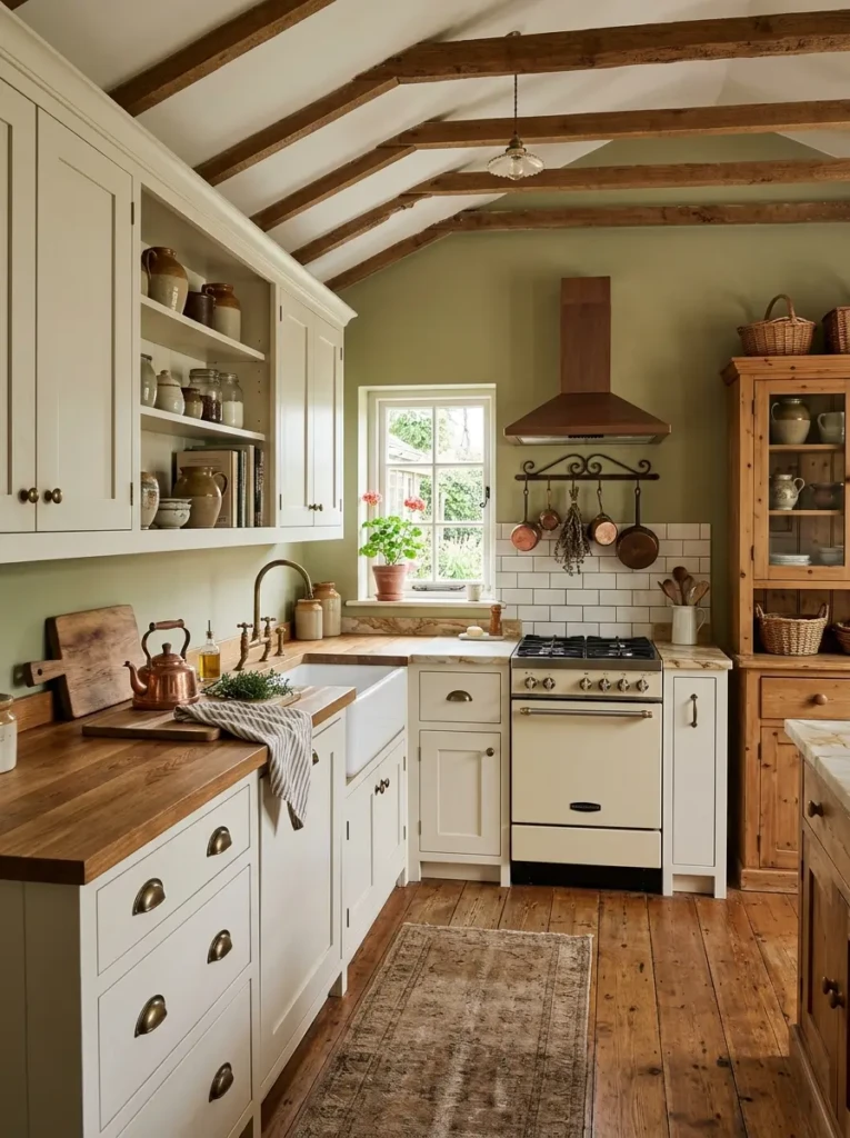A small kitchen showcasing classic farmhouse kitchen style with shaker cabinets and warm textures.