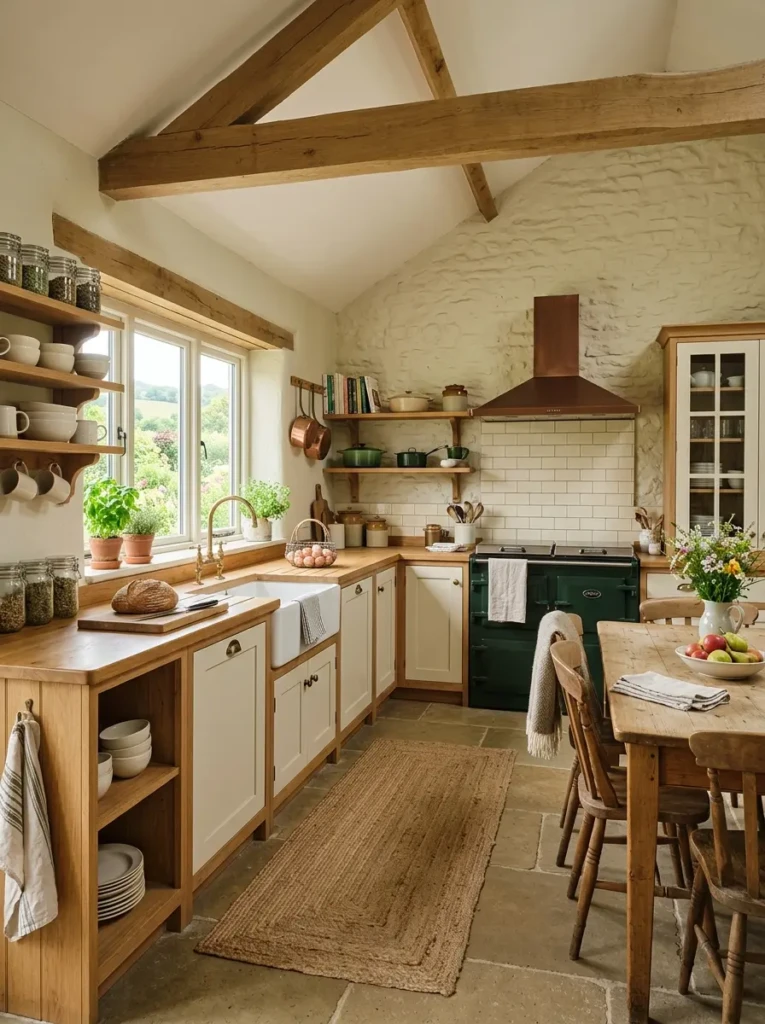 A wide-angle view of a beautifully organized small cottage farmhouse kitchen with oak finishes and rustic charm.