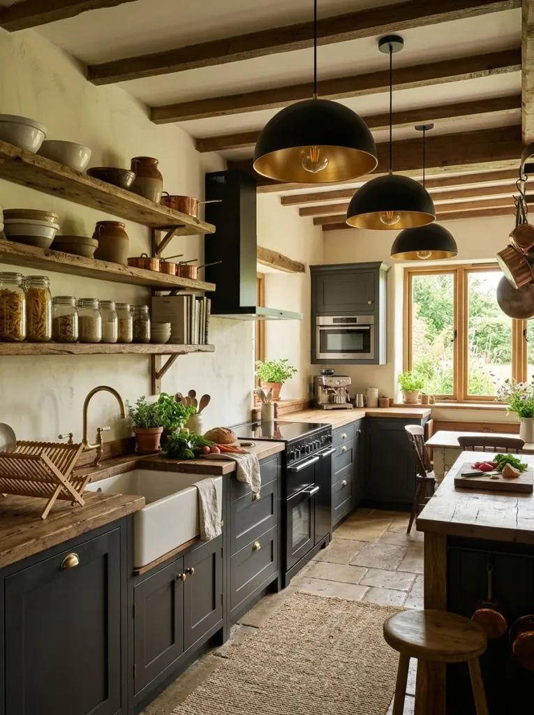 A cottage farmhouse kitchen mixing rustic wood shelves with modern appliances and pendant lighting.