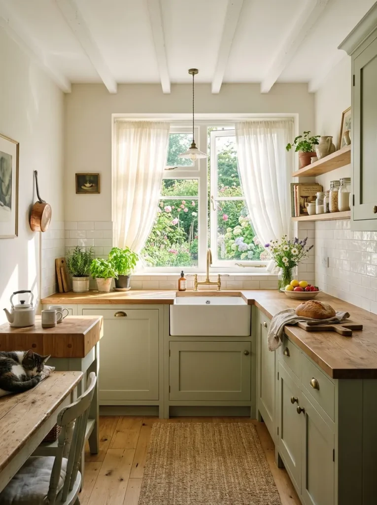 A bright farmhouse cottage kitchen with sunlight through sheer curtains and pale reflective surfaces.