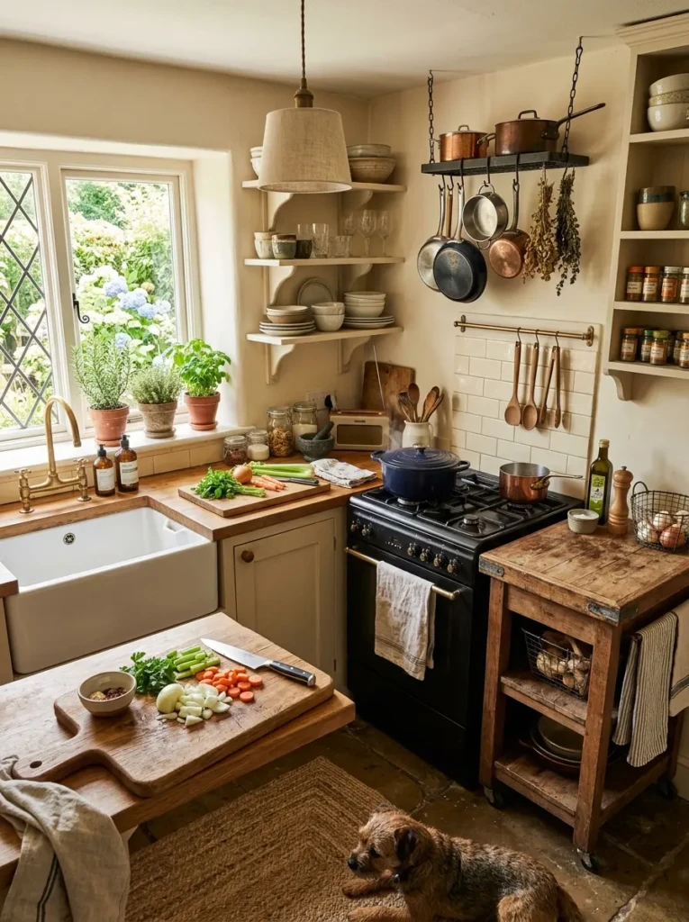 A cottage kitchen prep area near sink and stove with cutting board and rolling cart.