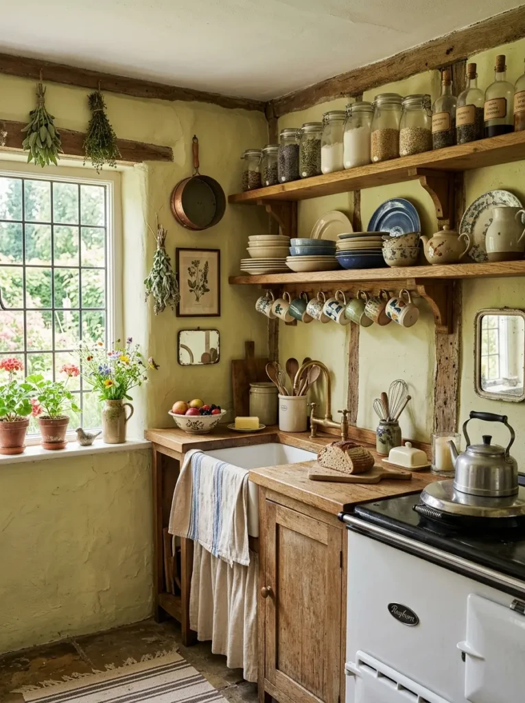 Wooden open shelves in a farmhouse cottage kitchen displaying ceramic dishes, jars, and mugs.