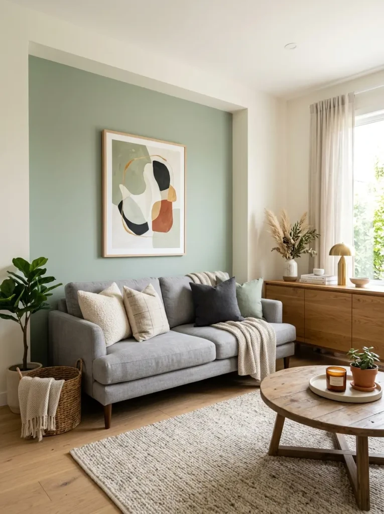 Grey couch placed against soft sage wall with framed art and warm wood console styling.