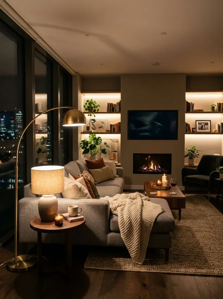 Grey couch living room with brass floor lamp, ceramic table lamp, and warm ambient evening lighting.