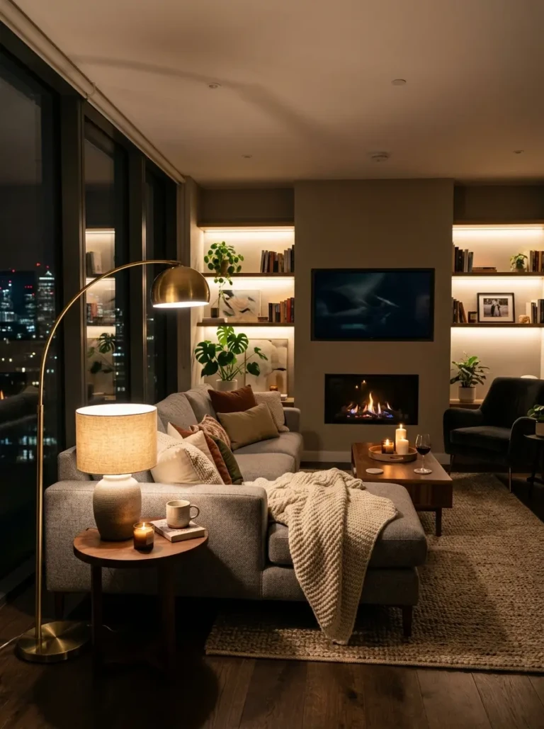 Grey couch living room with brass floor lamp, ceramic table lamp, and warm ambient evening lighting.