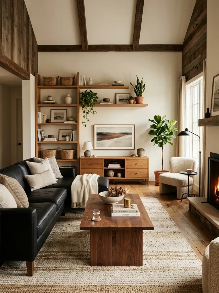 Black sofa paired with walnut coffee table and oak shelving in a cozy modern room.