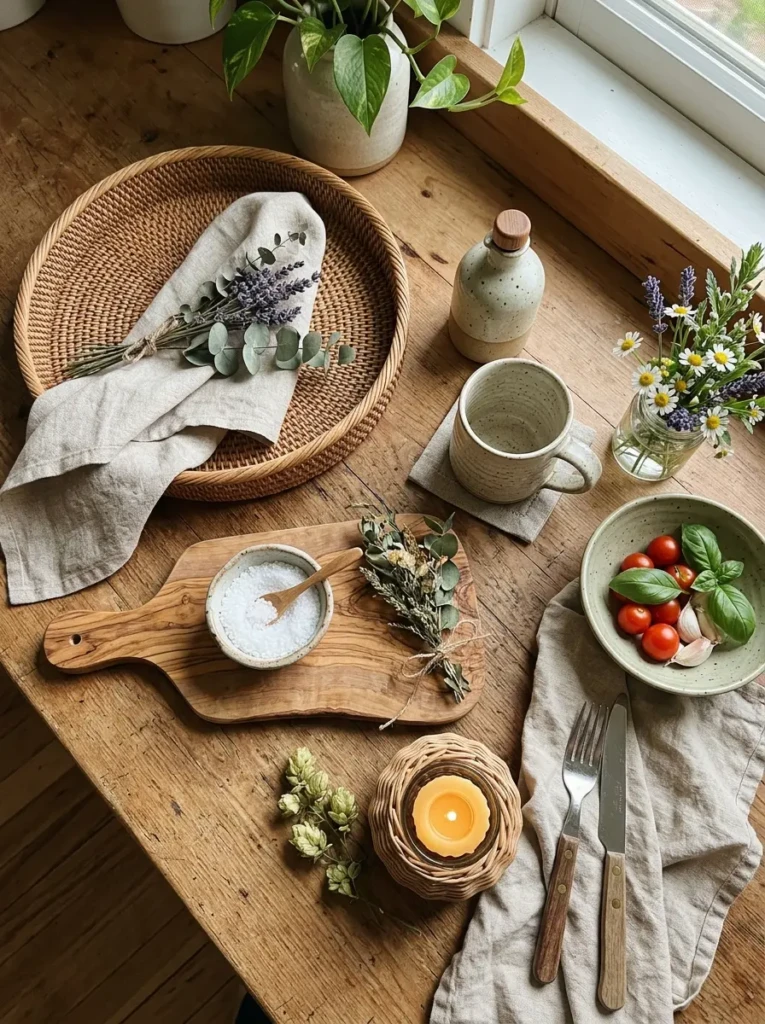 Rustic countertop styling with ceramic bowls, wood textures, and soft linen accents in a small kitchen.