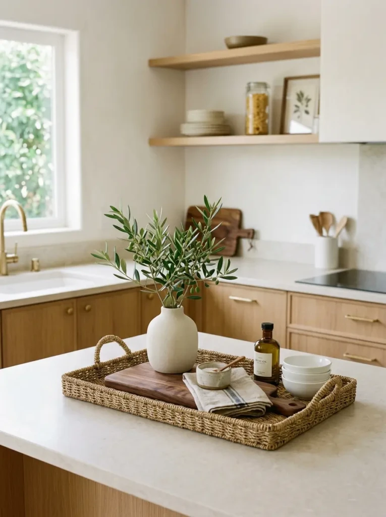 A clutter-free countertop with a wood board, ceramic vase, tray, and small olive tree in an elegant farmhouse kitchen.