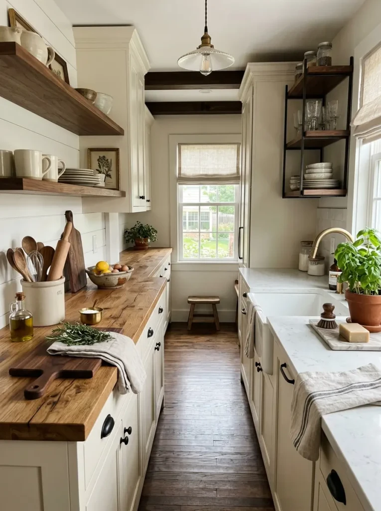 A small farmhouse galley kitchen featuring oak butcher block counters paired with light stone surfaces for a balanced, warm, and elegant look.