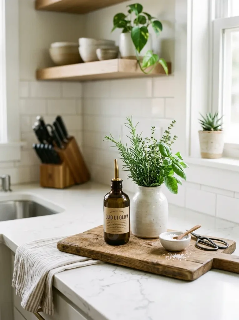 Olive oil bottle, herb vase, and cutting board arranged in a curated farmhouse countertop vignette.