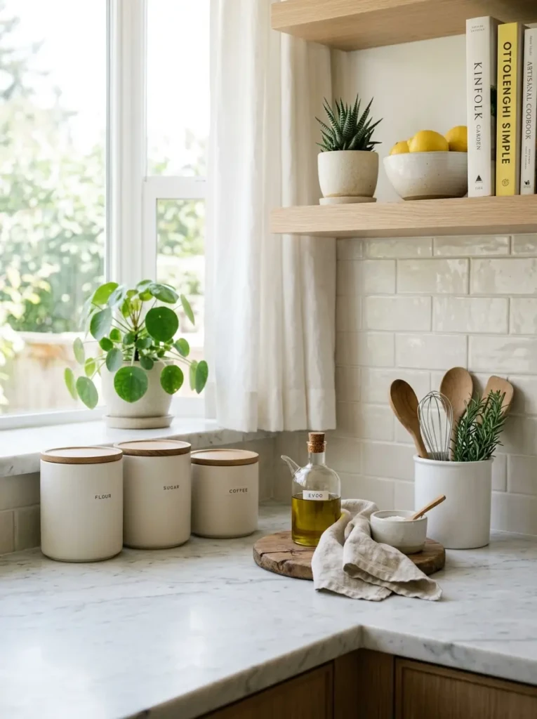 A neatly styled bathroom counter with matching containers and minimal decor