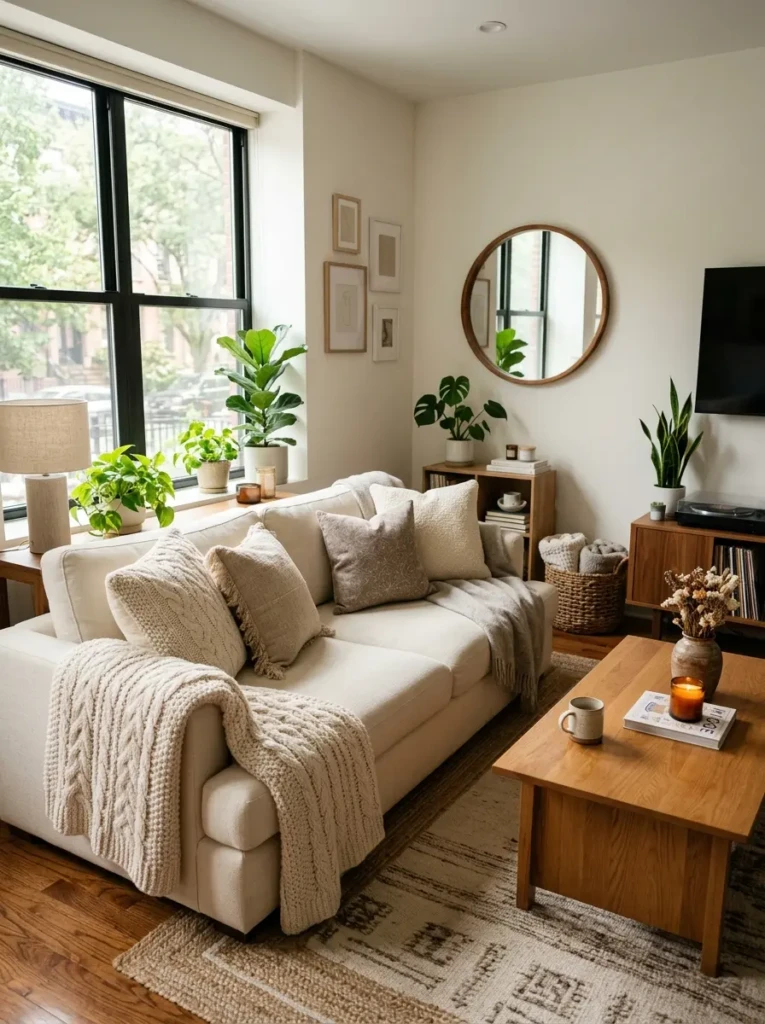 Cozy apartment living room with cream couch, textured pillows, warm wooden accents, and layered neutral décor.